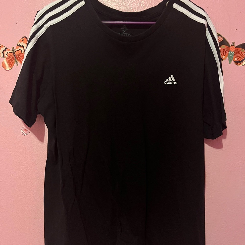 Adidas Black Tee with White Shoulder Stripes